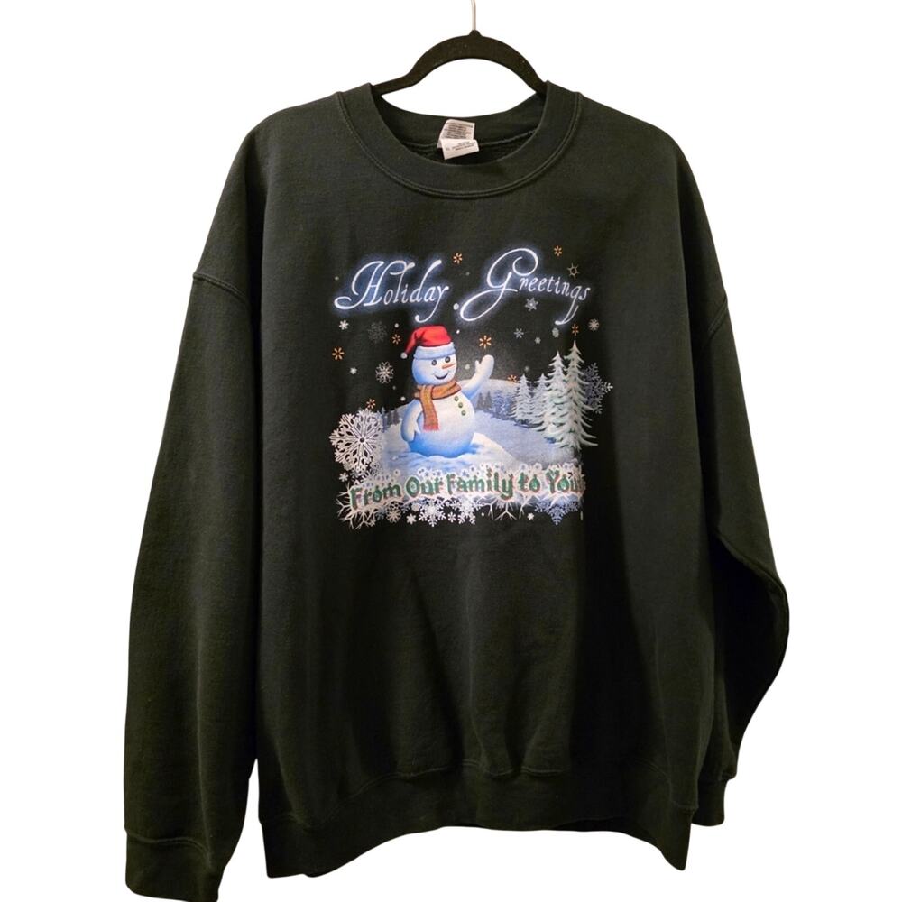Vtg Gilden Holiday Greetings Green Sweater Custom Embroidery Christmas Read XL